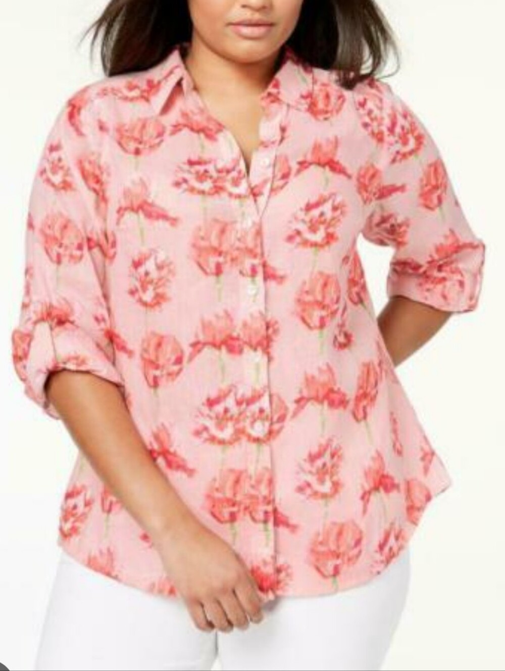 Charter Club Pink Floral Button-Down Blouse 100% Linen XL